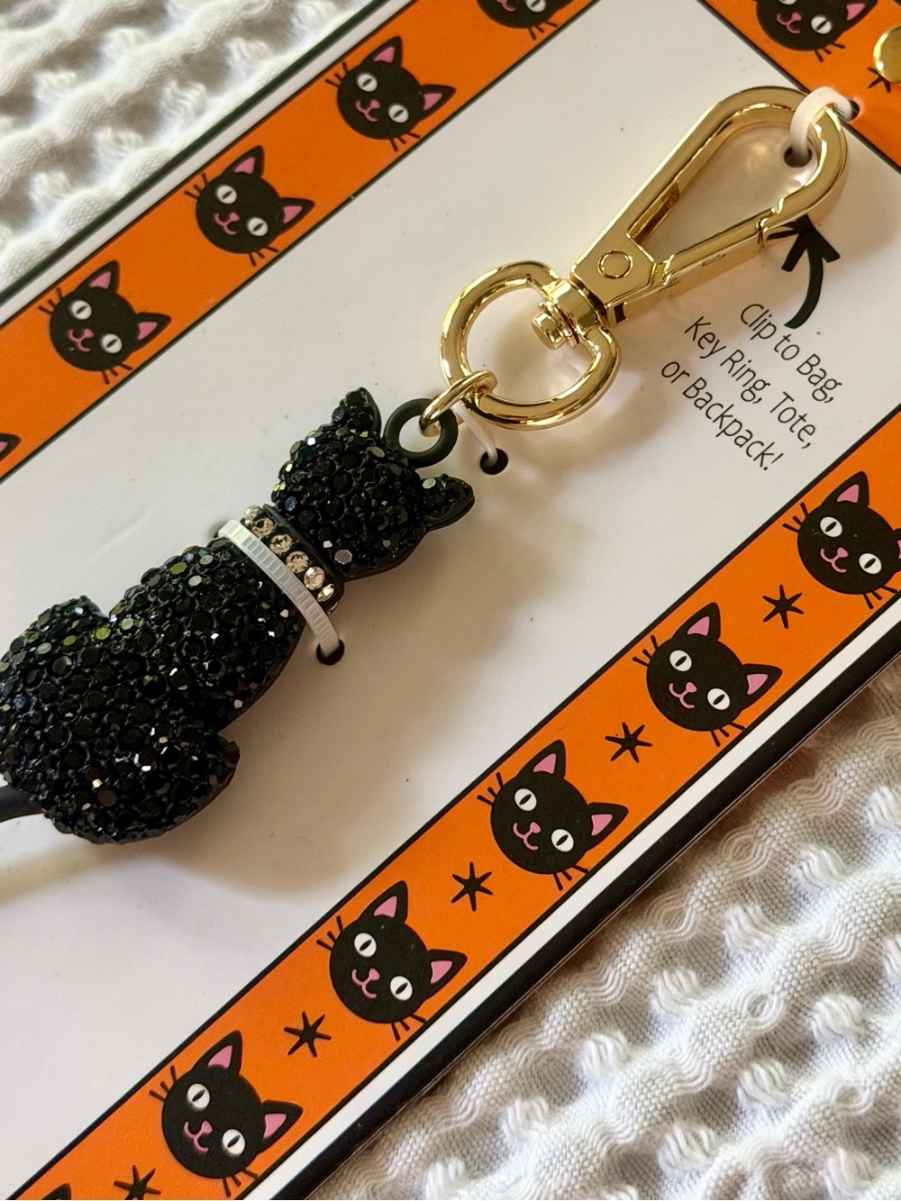 Halloween Black Cat Glass Crystal Bag Charm Purse Backpack Key Ring Moving Tail - Picture 3 of 7